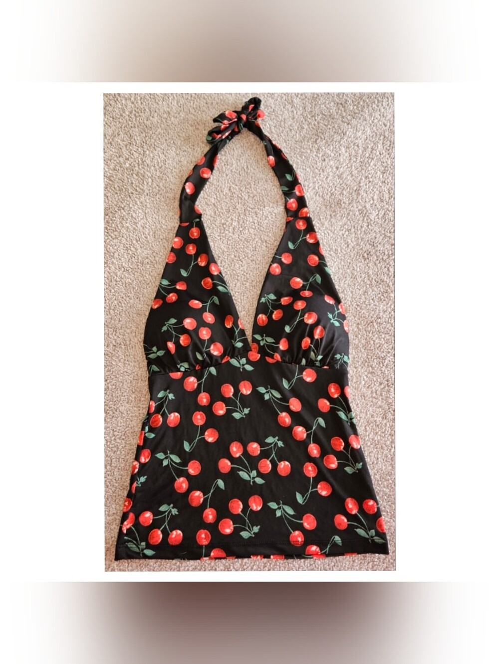 Joppa Cherry Print Halter Tankini Top in Black & Red S